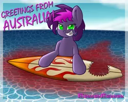 Size: 1280x1024 | Tagged: safe, artist:scramjet747, derpibooru import, oc, oc:mayday mayday, unofficial characters only, original species, pony, shark, shark pony, blood, female, green eyes, greetings card, grin, image, mare, ocean, png, purple mane, shark teeth, smiling, solo, solo female, surfboard, water