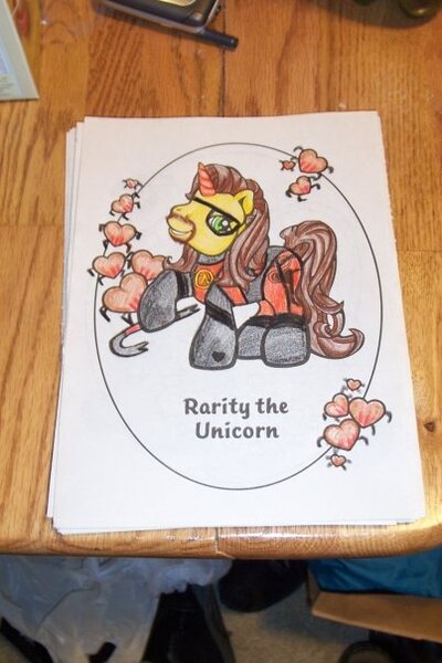 Size: 403x604 | Tagged: safe, artist:randomproxy, derpibooru import, rarity (g3), ponified, pony, unicorn, g3, coloring book corruptions, crowbar, gordon freeman, half-life, headcrab, horn, image, jpeg, solo, traditional art