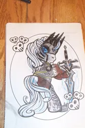 Size: 403x604 | Tagged: safe, artist:randomproxy, derpibooru import, ponified, pony, g3, coloring book corruptions, image, jpeg, lich king, looking back, solo, sword, traditional art, warcraft, weapon