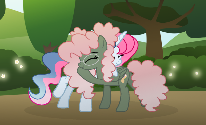 Size: 1333x810 | Tagged: safe, artist:darbypop1, derpibooru import, oc, oc:melody everbelle, oc:pixie crystal, unofficial characters only, alicorn, pegasus, pony, female, glasses, hug, image, mare, png