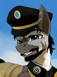 Size: 1560x2100 | Tagged: safe, artist:sesek, derpibooru import, oc, oc:solano lobu, unofficial characters only, hybrid, zony, equestria at war mod, beard, bust, cap, clothes, facial hair, hat, image, png, portrait, solo