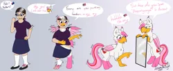 Size: 2985x1234 | Tagged: safe, artist:skyward, derpibooru import, oc, oc:foxxy hooves, hippogriff, human, accent, american flag, australian flag, blushing, clothes, coat markings, eye color change, female, flag, glasses, gradient background, hippogriff oc, human to hippogriff, image, lidded eyes, mirror, open mouth, png, ponytail, reflection, self paradox, self ponidox, shirt, shoes, skirt, socks, socks (coat marking), speech bubble, torn clothes, torn socks, transformation, transformation sequence, twinning