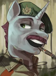 Size: 1560x2100 | Tagged: safe, artist:egil, derpibooru import, oc, oc:jungle work, unofficial characters only, pony, unicorn, equestria at war mod, beret, bust, cigar, clothes, facial hair, hat, horn, image, military uniform, moustache, png, portrait, smoke, solo, uniform