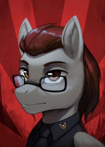 Size: 1552x2164 | Tagged: safe, artist:mrscroup, derpibooru import, oc, oc:dark wing, unofficial characters only, pegasus, pony, equestria at war mod, bust, clothes, glasses, hammer and horseshoe, image, jpeg, necktie, portrait, shirt, solo