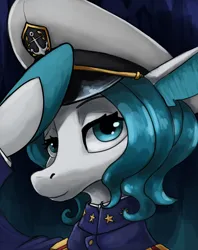 Size: 3800x4800 | Tagged: safe, artist:ryanmandraws, derpibooru import, oc, oc:blizzard blitz, unofficial characters only, seapony (g4), equestria at war mod, anchor, bust, cap, clothes, hat, image, png, portrait, salute, solo