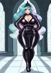 Size: 1440x2048 | Tagged: suggestive, ai content, derpibooru import, machine learning generated, stable diffusion, princess celestia, human, antagonist, big breasts, bodysuit, breasts, busty princess celestia, catsuit, clothes, collarbone, corrupted, curvy, derpibooru exclusive, female, g4, generator:pony diffusion v6 xl, hourglass figure, humanized, image, latex, latex suit, png, prompter:inky heart, rubber, rubber suit, solo, solo female, thighs, thunder thighs, villainess, wide hips