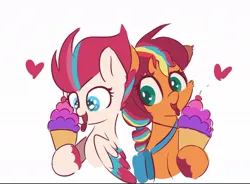 Size: 1058x777 | Tagged: safe, artist:skylinepony_, derpibooru import, sunny starscout, zipp storm, earth pony, pegasus, pony, g5, cute, duo, eating, female, food, heart, ice cream, image, jpeg, simple background, tongue out, white background