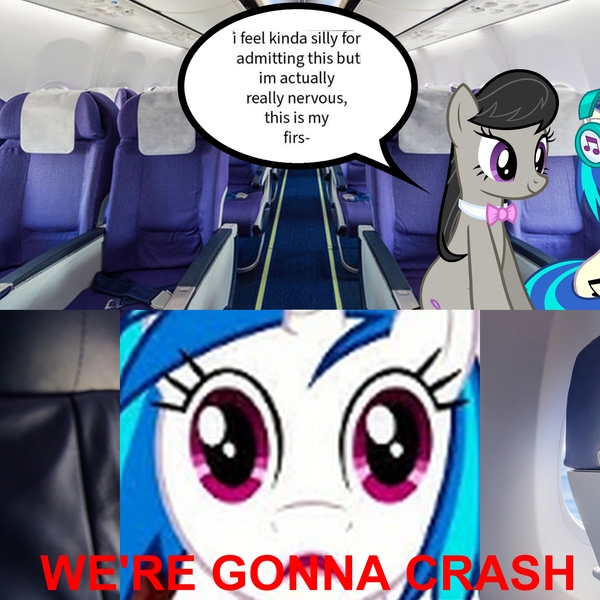 Size: 3307x3307 | Tagged: safe, artist:epicheavytf2, artist:pyrogaming, derpibooru import, octavia melody, vinyl scratch, earth pony, pony, unicorn, absolutenutcase162, conversation, female, g4, horn, image, imminent death, jpeg, looking at you, mare, meme, missing accessory, plane, red text, shitposting, sitting, smiling, speech bubble, talking, text, this will end in death