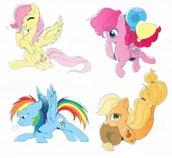 Size: 1179x1080 | Tagged: safe, derpibooru import, applejack, fluttershy, pinkie pie, rainbow dash, pony, seapony (g4), balloon, female, filly, filly fluttershy, held up, hoof hold, image, jpeg, mare, underhoof, younger
