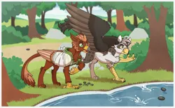 Size: 1900x1181 | Tagged: safe, artist:inuhoshi-to-darkpen, derpibooru import, oc, oc:ospreay, oc:pavlos, unofficial characters only, gryphon, bandage, beak, broken bone, broken wing, cast, cheek fluff, claws, clothes, colored wings, commission, duo, eared griffon, forest, friends, griffon oc, happy, hoodie, image, injured, lake, male, nature, non-pony oc, nonbinary, png, skipping stones, sling, smiling, tail, tree, water, wings