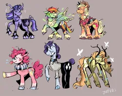 Size: 1336x1054 | Tagged: safe, artist:justvoidsdumbstuff1, derpibooru import, applejack, fluttershy, pinkie pie, rainbow dash, rarity, twilight sparkle, butterfly, earth pony, insect, pegasus, pony, unicorn, alternate color palette, alternate cutie mark, alternate design, antlers, applejack's hat, bag, bald face, bandaid, bangs, beard, blaze (coat marking), blonde mane, blonde tail, blue coat, blush sticker, blushing, bracelet, brown background, chest fluff, chin fluff, coat markings, colored, colored hooves, colored muzzle, colored wings, colored wingtips, cowboy hat, curly mane, curly tail, curved horn, dot eyes, emanata, eyelashes, eyes closed, eyeshadow, facial hair, facial markings, feather, feather in hair, female, fetlock tuft, floppy ears, frown, g4, goggles, goggles on head, gray hooves, hair bun, hat, height difference, hooves, horn, hunched over, image, jewelry, jpeg, lidded eyes, long legs, long mane, long tail, makeup, mane six, mane six redesign, mare, multicolored hair, multicolored hooves, multicolored mane, multicolored tail, multicolored wings, narrowed eyes, physique difference, pink coat, pink mane, pink tail, plewds, ponytail, profile, purple coat, purple hooves, purple mane, purple tail, rainbow hair, rainbow tail, raised hoof, raised leg, redesign, ruffles, saddle bag, scroll, shawl, shiny hooves, short hair rainbow dash, short mane, signature, simple background, smiling, smoldash, socks (coat marking), solo, spread wings, standing, straight mane, straight tail, straw in mouth, striped horn, tail, tallershy, text, thin legs, tied mane, tied tail, tongue out, twitterina design, two toned coat, two toned wings, unicorn beard, unicorn horn, unicorn twilight, unshorn fetlocks, wings, wings down, yellow coat, yoke