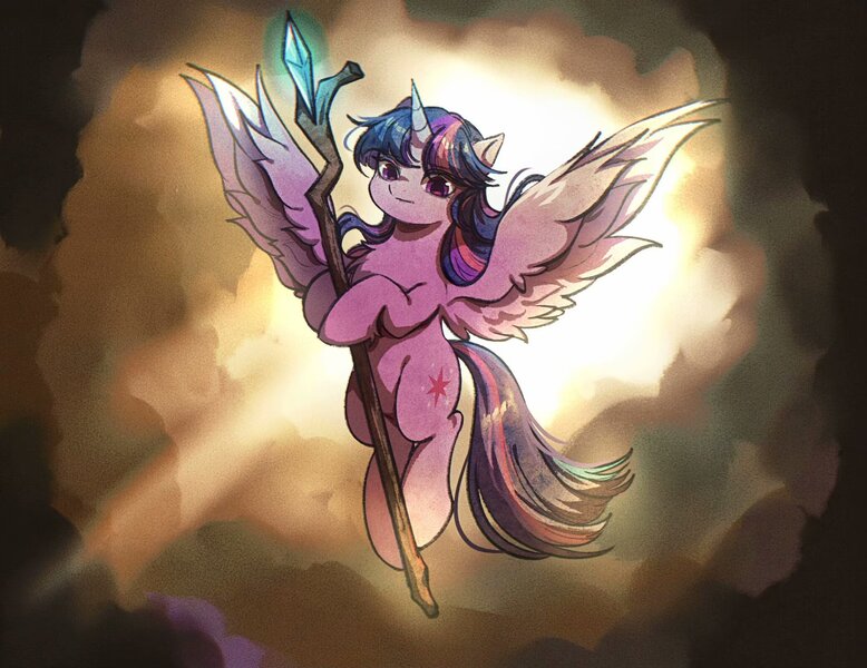 Size: 2047x1578 | Tagged: safe, artist:tkotu434, derpibooru import, twilight sparkle, twilight sparkle (alicorn), alicorn, pony, my little pony: the movie, cloud, female, flying, g4, gem, hoof hold, image, jpeg, light, mare, scene interpretation, sky, solo, spread wings, staff, staff of sacanas, wings