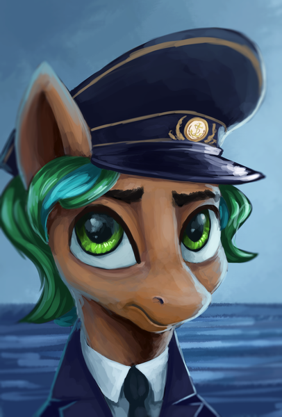 Size: 3096x4572 | Tagged: safe, artist:ryanmandraws, derpibooru import, oc, oc:oborin, unofficial characters only, pony, equestria at war mod, bust, cap, clothes, hat, image, necktie, ocean, png, portrait, solo, uniform, water