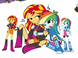 Size: 1466x1092 | Tagged: safe, artist:appledash3r_, derpibooru import, rainbow dash, sunset shimmer, equestria girls, :3, blushing, boots, bracelet, clothes, colored, cute, dashabetes, duo, duo female, emanata, eye clipping through hair, eyelashes, female, flat colors, g4, gift art, height difference, hug, image, jacket, jewelry, jpeg, kneesocks, leather, leather jacket, lesbian, lidded eyes, long hair, looking at each other, looking at someone, multicolored hair, no catchlights, one eye closed, open mouth, open smile, orange skin, question mark, rainbow hair, shipping, shirt, shoes, shorts, simple background, sitting, skirt, smiling, smiling at each other, sneakers, socks, sunsetdash, t-shirt, thin legs, two toned hair, vector, white background