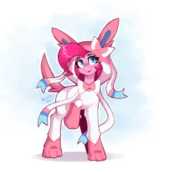 Size: 2006x2044 | Tagged: safe, artist:buvanybu, derpibooru import, pinkie pie, earth pony, pony, sylveon, clothes, costume, g4, image, kigurumi, open mouth, open smile, png, pokémon, raised hoof, smiling, solo