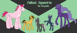 Size: 2523x1106 | Tagged: safe, artist:pain-jam-cookie, derpibooru import, oc, oc:dusty trails, oc:echo (the chrysalis), oc:sickle, oc:starlight, oc:whisper, unofficial characters only, alicorn, earth pony, pony, unicorn, fallout equestria, fanfic:fallout equestria: the chrysalis, alicorn oc, disguise, disguised changeling, earth pony oc, fanfic art, horn, image, jpeg, unicorn oc, wings