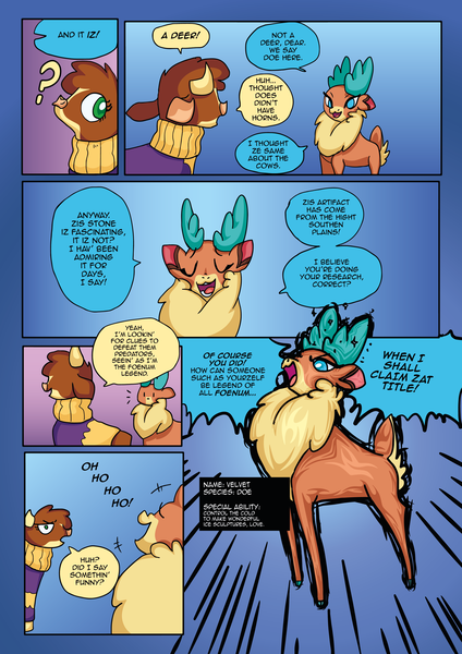 Size: 2481x3508 | Tagged: safe, artist:alexdti, artist:v-nico, derpibooru import, velvet reindeer, cow, deer, reindeer, them's fightin' herds, arizona (tfh), clothes, comic, community related, image, png, sweater