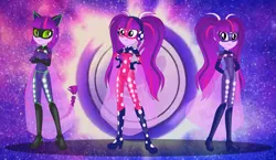 Size: 2584x1500 | Tagged: safe, artist:machakar52, derpibooru import, sci-twi, twilight sparkle, human, equestria girls, alternate hairstyle, antennae, bodysuit, boots, cat ears, clothes, cosplay, costume, crossed arms, crossover, female, g4, gloves, hand on hip, hands behind back, headphones, image, ladybiquity, marinette dupain-cheng, mask, miraculous ladybug, pigtails, png, ponytail, shoes, smiling