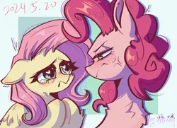 Size: 2778x2015 | Tagged: safe, artist:kandy78626, derpibooru import, fluttershy, pinkie pie, earth pony, pegasus, pony, abstract background, angry, cross-popping veins, emanata, female, image, looking at each other, looking at someone, mare, png, teary eyes, text