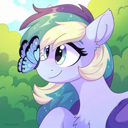 Size: 2000x2000 | Tagged: safe, artist:skysorbett, derpibooru import, oc, unofficial characters only, bat pony, butterfly, insect, pony, bat pony oc, bat wings, bush, butterfly on nose, chest fluff, cloud, folded wings, image, insect on nose, jpeg, raised hoof, sky, smiling, solo, sparkling mane, wings