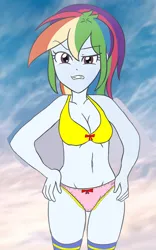 Size: 2564x4096 | Tagged: suggestive, derpibooru import, editor:mlplove, rainbow dash, human, equestria girls, 2d, arms, belly button, bow on bra, bow on panties, bowtie, bra, breasts, busty rainbow dash, cameltoe, cleavage, clothes, clothes edit, concerned, eyebrows, eyebrows visible through hair, eyelashes, female, frilly panties, frilly underwear, g4, gritted teeth, hand on hip, high res, image, looking at you, midriff, panties, png, pocket, ponytail, raised eyebrow, red bow, sky, socks, solo, solo female, teeth, thigh highs, thighs, unamused, underwear, wristband, yellow bra