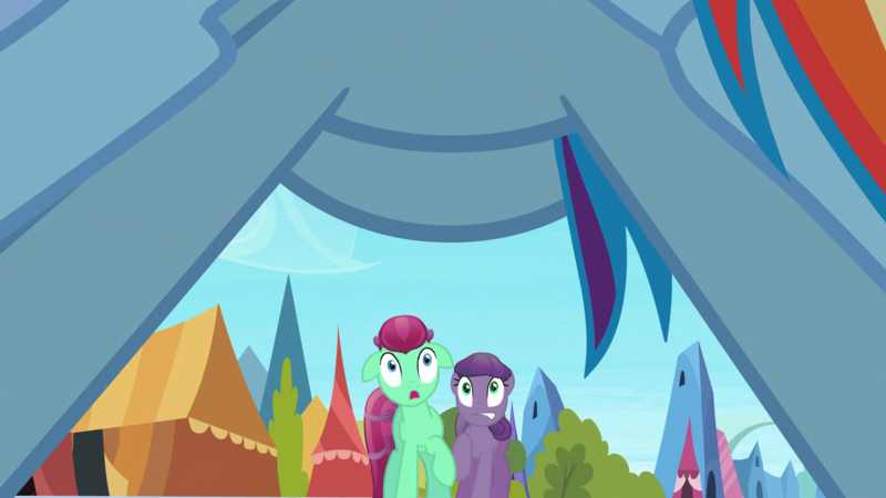 Size: 1920x1080 | Tagged: safe, derpibooru import, screencap, rainbow dash, crystal pony, pegasus, pony, the crystal empire, background pony, crystal empire, female, framed by legs, g4, grape gem, image, jade pot, male, mare, open mouth, outdoors, png, raised hoof, shocked, shocked expression, stallion, surprised, tail