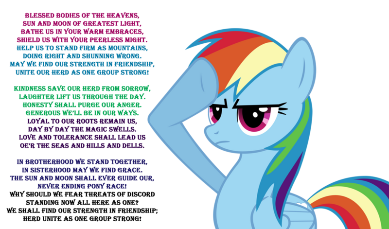 Size: 1024x603 | Tagged: safe, derpibooru import, rainbow dash, pegasus, pony, anthem, g4, image, lyrics, national anthem, national anthem of equestria, png, salute, simple background, solo, text, transparent background