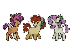 Size: 1400x900 | Tagged: safe, artist:camo_ty, derpibooru import, part of a set, apple bloom, scootaloo, sweetie belle, earth pony, pegasus, pony, unicorn, alternate accessories, alternate color palette, alternate design, alternate hairstyle, alternate mane color, alternate tail color, alternate tailstyle, bandage, bandaged leg, beanbrows, bonnet, bow, brown hooves, chubby, coat markings, colored, colored ears, colored eyebrows, colored hooves, colored horn, colored muzzle, colored nose, colored pinane, colored wings, colored wingtips, cream coat, curly mane, curly tail, curved horn, cutie mark crusaders, dot eyes, ear tufts, eyebrows, eyebrows visible through hair, eyelashes, facial markings, female, filly, floppy ears, foal, freckles, g4, green bow, green hooves, hair bow, heart nose, horn, image, jpeg, leg freckles, leonine tail, looking at each other, looking at someone, open mouth, open smile, physique difference, profile, purple mane, purple tail, red mane, red tail, short horn, short mane, short tail, signature, simple background, small wings, smiling, smiling at each other, snip (coat marking), socks (coat marking), spiky mane, spiky tail, spread wings, standing, tail, tall ears, thin, trio, trio female, two toned mane, two toned tail, two toned wings, unshorn fetlocks, wall of tags, white background, white coat, wings, yellow coat
