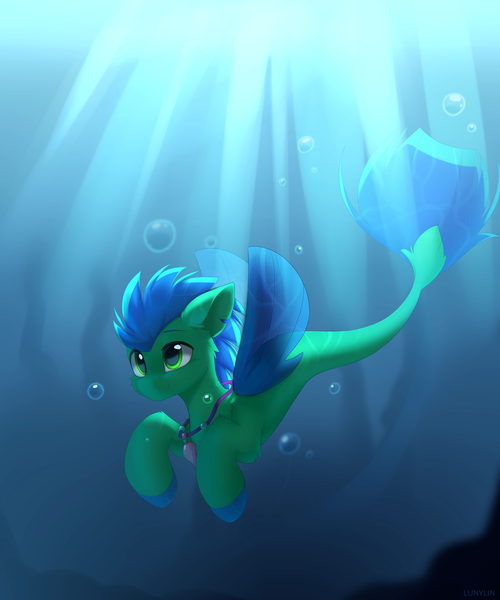 Size: 1707x2048 | Tagged: safe, artist:lunylin, derpibooru import, oc, oc:sky splash, unofficial characters only, seapony (g4), blue mane, blue tail, blue wings, bubble, cheek fluff, crepuscular rays, cute, digital art, dorsal fin, fin, fin wings, fins, fish tail, flowing mane, flowing tail, green eyes, happy, image, jewelry, male, necklace, ocean, png, scales, seapony oc, smiling, solo, spread wings, sunlight, swimming, tail, underwater, water, wings