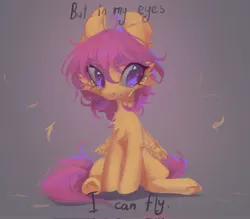 Size: 2048x1790 | Tagged: safe, artist:blcksswn, derpibooru import, scootaloo, pegasus, pony, alternate hairstyle, angst, big ears, big eyes, cheek fluff, chest fluff, colored, crying, curly mane, detailed, ear fluff, eyelashes, feather, female, filly, foal, frown, g4, gradient background, image, jpeg, long mane, looking away, narrowed eyes, orange coat, purple eyes, purple mane, purple tail, sad, scootaloo can't fly, shiny eyes, sitting, small wings, solo, tail, tall ears, text, wingding eyes, wings, wings down