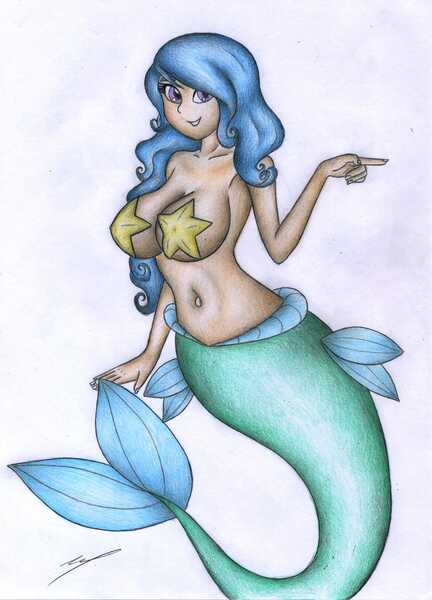 Size: 2333x3239 | Tagged: suggestive, artist:sinaherib, derpibooru import, izzy moonbow, human, mermaid, g5, female, humanized, image, jpeg, solo, solo female, starfish bra, traditional art