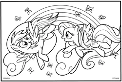 Size: 3101x2088 | Tagged: safe, derpibooru import, official, fluttershy, rainbow dash, butterfly, insect, pegasus, pony, black and white, coloring book, coloring page, cute, duo, duo female, female, flying, grayscale, image, looking at each other, looking at someone, mare, monochrome, open mouth, open smile, png, rainbow, smiling, spread wings, stock vector, wings
