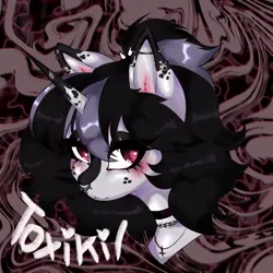 Size: 4680x4680 | Tagged: safe, artist:toxikil, derpibooru import, oc, oc:blitz chord, unofficial characters only, pony, unicorn, abstract background, bangs, blushing, choker, ear piercing, emo, eyelashes, freckles, horn, horn ring, image, jewelry, makeup, necklace, nose piercing, nose ring, pfp, piercing, png, ponytail, red eyes, ring, solo, spikes, unicorn oc