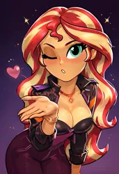 Size: 1664x2432 | Tagged: safe, ai content, derpibooru import, edit, machine learning generated, prompter:sunshimm supremacy, stable diffusion, sunset shimmer, human, equestria girls, blowing a kiss, blushing, breasts, cleavage, g4, generator:pony diffusion v6 xl, heart, image, one eye closed, png, solo, wink
