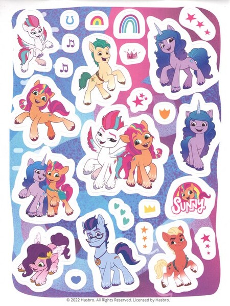 Size: 488x650 | Tagged: safe, derpibooru import, official, hitch trailblazer, izzy moonbow, pipp petals, sprout cloverleaf, sunny starscout, zipp storm, earth pony, pegasus, pony, unicorn, g5, 2d, argyle starshine, happy, heart, horn, horseshoes, hug, image, jpeg, looking at each other, looking at someone, looking at you, looking down, mane five, mane stripe sunny, merchandise, rainbow, scan, scanned, smiling, smiling at you, stars, sticker, sticker set