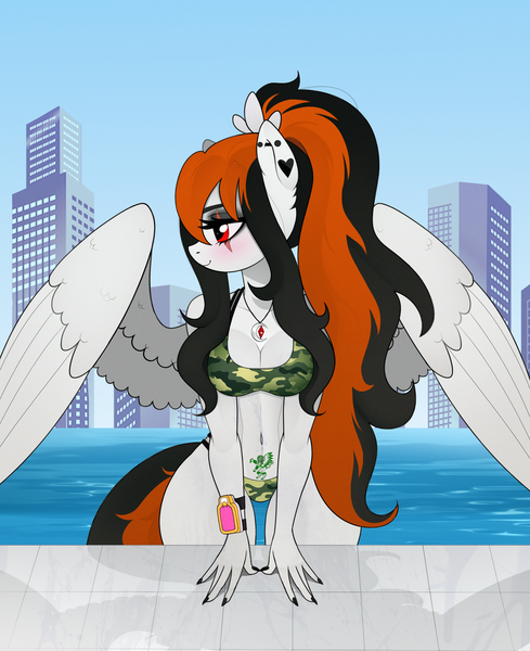 Size: 2200x2700 | Tagged: suggestive, artist:nosferatucami_, derpibooru import, oc, oc:cannon car, unofficial characters only, anthro, pegasus, agent alabastor amril, belly button, bikini, breasts, camouflage, cleavage, clothes, ear piercing, earring, female, image, jewelry, large wings, muscles, muscular female, necklace, painted nails, pendant, piercing, png, ponytail, scar, solo, solo female, swimsuit, tattoo, wings, womb tattoo