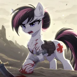 Size: 1024x1024 | Tagged: safe, ai content, derpibooru import, machine learning generated, novelai, stable diffusion, nurse redheart, oc, unnamed oc, earth pony, pony, alternate color palette, alternate hairstyle, bag, bandage, blood, fusion, image, png, prompter:hazy skies, saddle bag, solo, sword, wasteland, weapon