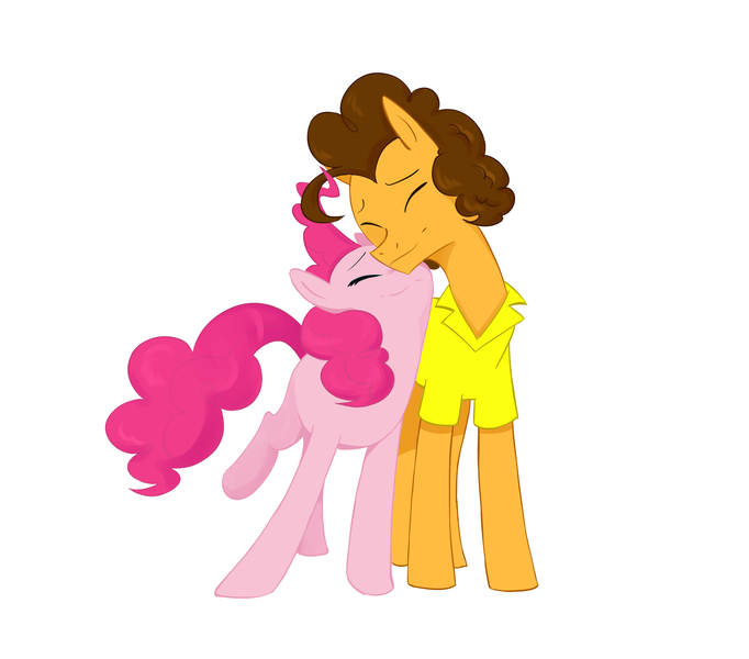 Size: 2500x2200 | Tagged: safe, artist:shanyata, derpibooru import, cheese sandwich, pinkie pie, earth pony, pony, cheesepie, clothes, duo, duo male and female, eyes closed, female, g4, height difference, high res, image, male, mare, nuzzling, png, shipping, shirt, simple background, stallion, straight, white background