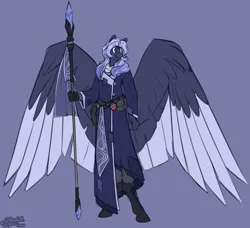 Size: 4000x3650 | Tagged: safe, artist:stardustspix, derpibooru import, oc, oc:kyanite arc, unofficial characters only, anthro, pegasus, pony, unguligrade anthro, amputee, bag, belt, boots, clothes, colored wings, crystal, eyebrows, eyebrows visible through hair, high res, image, male, no pupils, png, potion, prosthetic arm, prosthetic limb, prosthetics, robes, shoes, solo, staff, stallion, two toned mane, wings