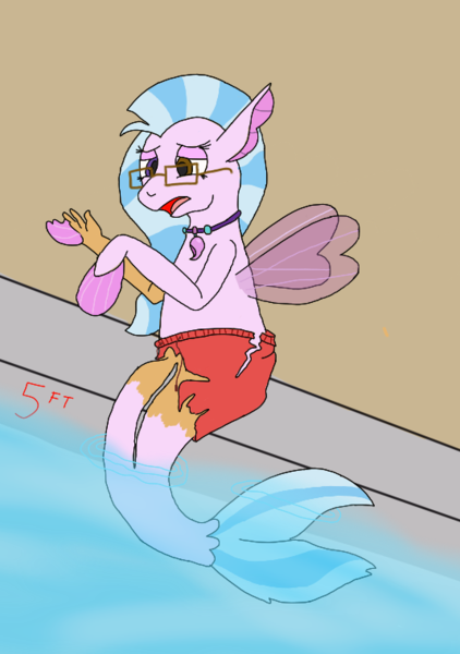 Size: 534x760 | Tagged: safe, artist:wereskunk, derpibooru import, silverstream, human, seapony (g4), clothes, fin wings, fins, g4, glasses, human to seapony, image, jewelry, legs fusing, lidded eyes, male to female, mid-transformation, necklace, open mouth, png, rule 63, seapony silverstream, sitting, solo, swimming pool, swimming trunks, swimsuit, torn clothes, torn swimming trunks, transformation, transgender transformation, water, wings