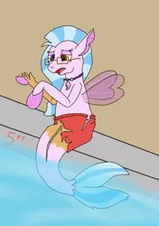 Size: 534x760 | Tagged: safe, artist:wereskunk, derpibooru import, silverstream, human, seapony (g4), clothes, fin wings, fins, g4, glasses, human to seapony, image, jewelry, legs fusing, lidded eyes, male to female, mid-transformation, necklace, open mouth, png, rule 63, seapony silverstream, sitting, solo, swimming pool, swimming trunks, swimsuit, torn clothes, torn swimming trunks, transformation, transgender transformation, water, wings