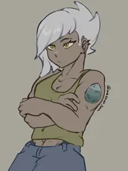 Size: 3072x4096 | Tagged: safe, artist:metaruscarlet, derpibooru import, limestone pie, human, clothes, crossed arms, ear piercing, earring, female, holder's boulder, humanized, image, jewelry, muscles, muscular female, not gilda, piercing, png, simple background, solo, tattoo