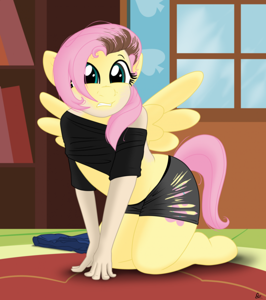 Size: 1810x2036 | Tagged: safe, artist:redpaladin, derpibooru import, fluttershy, human, pegasus, pony, all fours, clothes, g4, gritted teeth, human to pony, image, male to female, mid-transformation, png, ripping clothes, rule 63, teeth, transformation, transgender transformation