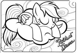 Size: 2995x2074 | Tagged: safe, derpibooru import, official, rainbow dash, pegasus, pony, black and white, cloud, coloring book, coloring page, eyes closed, female, folded wings, grayscale, image, mare, monochrome, on a cloud, png, sleeping, sleeping on a cloud, sleepydash, smiling, solo, stock vector, text, wings