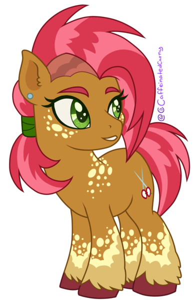 Size: 1429x2223 | Tagged: safe, artist:caffeinatedcarny, derpibooru import, babs seed, earth pony, pony, chubby, coat markings, colored hooves, ear piercing, freckles, g4, hair tie, image, markings, older, piercing, png, ponytail, redesign, simple background, solo, speckled, splotches, teenager, transparent background, undercut, unshorn fetlocks