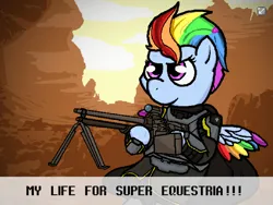 Size: 1440x1080 | Tagged: safe, artist:sluttershy, derpibooru import, editor:arkon sell, rainbow dash, pegasus, pony, banned from equestria daily, armor, female, for managed democracy, g4, gun, helldivers, helldivers 2, image, machine gun, mare, png, solo, text, video game crossover, weapon