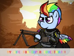 Size: 1440x1080 | Tagged: safe, alternate version, artist:sluttershy, derpibooru import, editor:arkon sell, rainbow dash, pegasus, pony, banned from equestria daily, armor, female, for managed democracy, g4, gun, helldivers, helldivers 2, image, machine gun, mare, png, rainbow text, solo, text, video game crossover, weapon