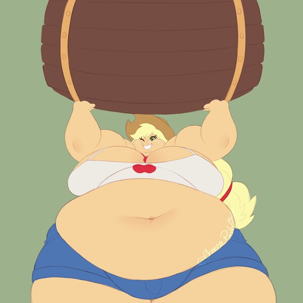 Size: 3000x3000 | Tagged: suggestive, artist:choccopudding, derpibooru import, applejack, human, equestria girls, applefat, barrel, belly, belly button, big belly, big breasts, breasts, busty applejack, chubby cheeks, fat, female, g4, green background, grin, high res, huge belly, huge breasts, image, jpeg, lifting, morbidly obese, obese, one eye closed, simple background, smiling, solo, strong fat