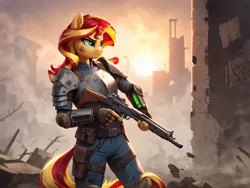 Size: 2048x1536 | Tagged: semi-grimdark, ai content, derpibooru import, machine learning generated, prompter:demose, stable diffusion, sunset shimmer, anthro, armor, fallout, g4, generator:pony diffusion v6 xl, gun, image, png, ruins, scuff mark, solo, weapon
