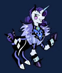 Size: 946x1123 | Tagged: safe, artist:justvoidsdumbstuff1, derpibooru import, rarity, pony, unicorn, alternate design, alternate hairstyle, alternate tailstyle, blue background, clothes, coat, colored hooves, colored sketch, cutie mark, cutie mark on clothes, eyelashes, eyeshadow, female, g4, hair bun, horn, horn cap, image, jacket, jpeg, lidded eyes, looking back, makeup, mare, monocle, navy background, pants, profile, purple mane, purple tail, raised hoof, redesign, shiny hooves, simple background, sketch, smiling, solo, standing, tail, tail bun, tied mane, tied tail, unshorn fetlocks, white coat